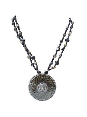 Vintage Black Beaded Necklace Large Circular Pendant Etched Metal Boho Jewelry